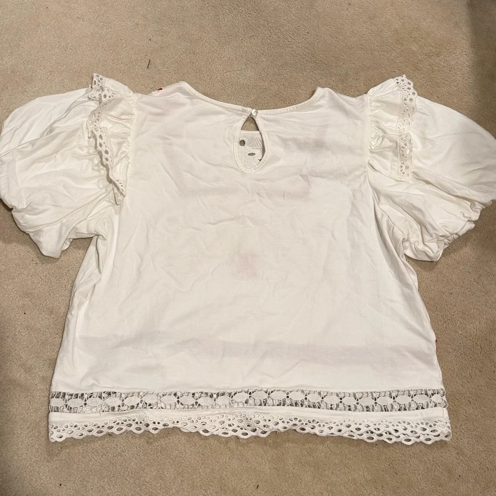 NWT By Anthropologie Puff Sleeve Cutwork Top with red embroidery Sz XL